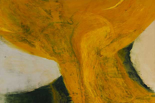 „Gelb und Grün auf Sperrholz“, Öl auf Sperrholz, 149 x 129 cm, 2024